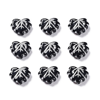 Black Opaque Acrylic Beads, Metal Enlaced, Leaf, Silver, 10~10.5x13x4.5mm, Hole: 1.8mm, about 1180pcs/500g