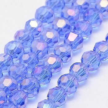 Electroplate Glass Beads Strands, AB Color, Faceted(32 Facets), Round, Cornflower Blue, 4mm, Hole: 1mm, about 88~90pcs/strand, 28~30cm