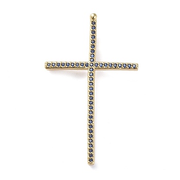 Brass Micro Pave Cubic Zirconia Pendants, Cross, Blue, Golden, 37x22.5x2mm, Hole: 1.5x4mm