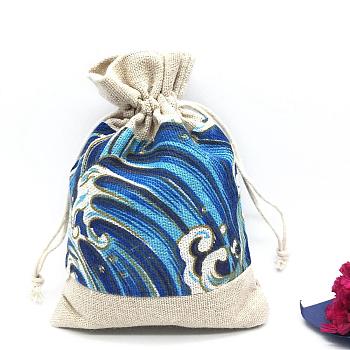 Linenette Drawstring Bags, Rectangle with Wave Pattern, Deep Sky Blue, 14x10cm