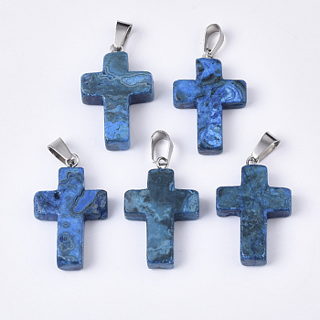 Natural White Stone(Imitation Netstone) Pendants, with Stainless Steel Peg Bails,  Dyed, Cross, Stainless Steel Color, 28~30x18x6mm, Hole: 7x3.5mm