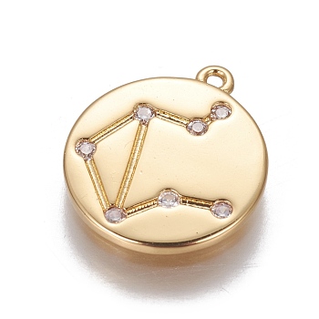 Brass Cubic Zirconia Pendants, Flat Round with Constellation, Golden, Clear, Libra, 16x14x1.5mm, Hole: 1mm