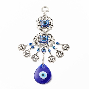 Teardrop Glass Turkish Blue Evil Eye Pendant Decoration, with Alloy Flower Design Charm, for Home Wall Hanging Amulet Ornament, Antique Silver, 215mm, Hole: 13.5mm