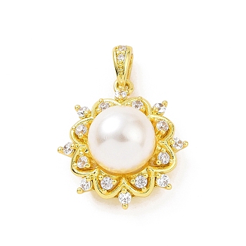 Eco-friendly Rack Plating Brass Micro Pave Cubic Zirconia Pendants, with ABS Platic Imitation Pearls, Cadmium Free & Lead Free, Long-Lasting Plated, Flower Charm, Real 18K Gold Plated, 20.5x18.5x11.5mm, Hole: 2.5x3.5mm