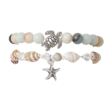 2Pcs 2 Style Natural Amazonite & Glass & Shell Stretch Bracelets with Tortoise, Stackable Bracelets with Alloy Starfish Charms, 7-1/4 inch(18.5cm), 1Pc/style
