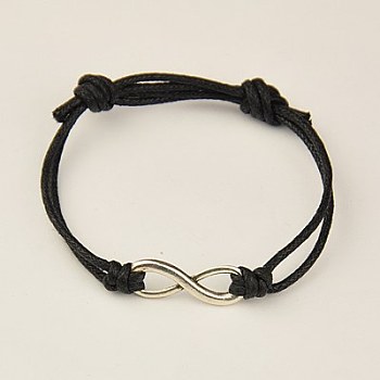 Alloy Infinity Multi-strand Bracelets, with Waxed Cotton Cord, Antique Silver, 40~65mmm