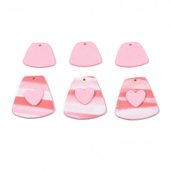 Handmade Polymer Clay Pendants, Trapezoid with Heart & Trapezoid, Pink, 18.5~31x22.5~30x2.5~4.5mm, Hole: 1.8mm, 2pcs/set