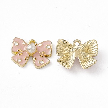 Alloy Enamel Pendants, with ABS Plastic Imitation Pearl Beads, Light Gold, Bowknot Charm, Pink, 12.5x16.5x5mm, Hole: 1.6mm