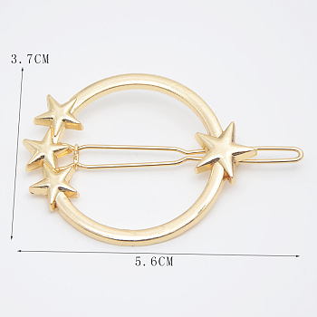 Alloy Geometric Hair Barrettes, Frog Buckle Hairpin for Women, Girls, Round Ring with Star, Golden, 56x37mm