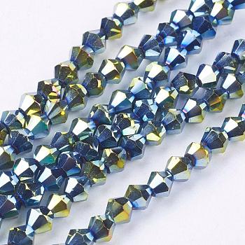 Electroplate Glass Beads Strands, Faceted, Bicone, Green Plated, 4x4mm, Hole: 1mm, about 92~96pcs/strand, 13.78~14.37 inch
