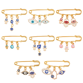 8Pcs 8 Style Enamel Evil Eye Safety Pin Brooches, Golden Alloy Hamsa Hand & Butterfly & Horse Eye Charms Lapel Pins for Backpack Clothes, Mixed Color, 49~50mm