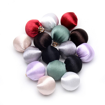 Handmade Polyester Cloth Fabric Covered Pendants, with Alloy Findings, Roun, Golden, Mixed Color, 16~17x13.5~14mm, Hole: 1.5mm