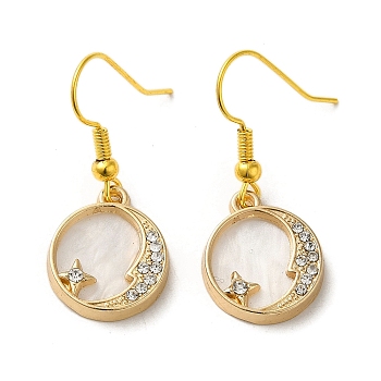 Moon & Star Alloy Rhinestone Dangle Earrings, Natural Shell Drop Earrings, Golden, 33x14mm