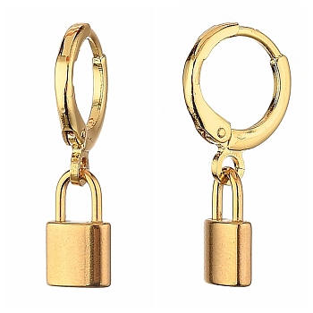 Brass Huggie Hoop Earrings, with 304 Stainless Steel Pendants, Padlock, Golden, 24mm, Pin: 0.8mm