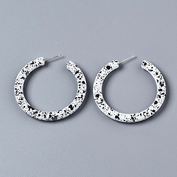 Spray Painted CCB Plastic Stud Earrings, Half Hoop Earrings, Ring, Silver, White, 46x5.5mm, Pin: 0.7mm