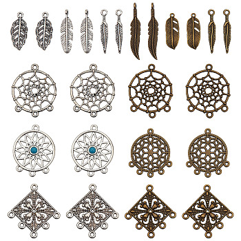DIY Jewelry Making Finding Kits, Including Alloy Links Connector & Pendant, Rhombus & Flat Round & Woven Net & Leaf, Antique Bronze & Antique Silver, 24~37x5~33.5x1.5~5mm, 144Pcs/box