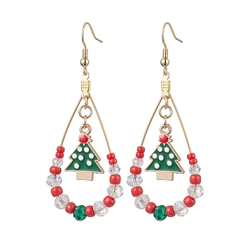 304 Stainless Steel Christmas Tree Dangle Earrings, with Galss and Brass Finding for Women, Colorful, 69x27.5mm
