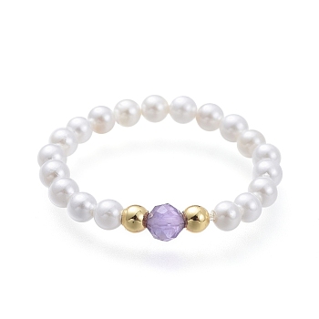 Natural Amethyst Gemstone Stretch Rings, with Round Shell Pearl Beads and Brass Beads, Golden, US Size 7 1/4(17.5mm)