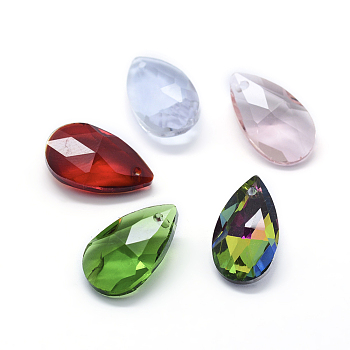 Faceted Glass Pendants, teardrop, Mixed Color, 15x9.5x5.5mm, Hole: 1mm