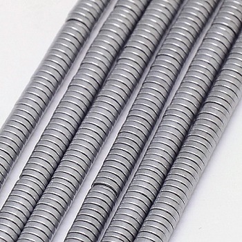 Electroplate Non-magnetic Synthetic Hematite Beads Strands, Frosted, Heishi Beads, Flat Round/Disc, Grade A, Platinum Plated, 2x1mm, Hole: 1mm, about 400pcs/strand, 16 inch