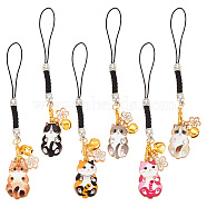 6Pcs 6 Colors Cat & Flower Alloy Enamel Pendant Decoration, with Iron Bell Charm and Nylon Cord Loops Hanging Decoration, Mixed Color, 106mm, 1pc/color(HJEW-AB00466)