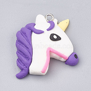 Handmade Polymer Clay Pendants, with Iron Findings, Unicorn, Platinum, Blue Violet, 31x27.5x9mm, Hole: 2mm(CLAY-T012-20)