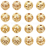 32Pcs 8 Style Alloy Hollow Beads, Round, Cadmium Free & Lead Free, Real 18K Gold Plated, 8x7~8mm, Hole: 1.5~2mm, 4pcs/style(FIND-BBC0002-61)