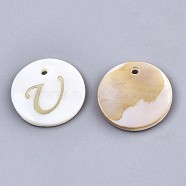 Natural Freshwater Shell Pendants, with Golden Plated Brass Etched Metal Embellishments, Flat Round with Letter, Letter.U, 15x2mm, Hole: 1.2mm(SHEL-N027-04U)