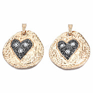 Rack Plating Alloy Rhinestone Big Pendants, with Shell Pearl Beads, Flat Round with Heart, Jet Hematite, Golden, 60~62x59~61x5mm, Hole: 14x5.5mm(ALRI-N033-07G)