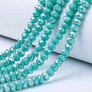 Electroplate Glass Beads Strands, Opaque Solid Color, AB Color Plated, Faceted, Rondelle, Medium Turquoise, 3.5x3mm, Hole: 0.4mm, about 123~127pcs/strand, 13.7~14.1 inch(35~36cm)(EGLA-A034-P3mm-B16)