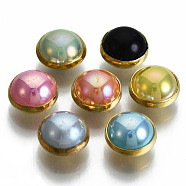 Imitation Pearl ABS Plastic Sewing Buttons, 4-Hole, with Brass Findings, Half Round, Mixed Color, 8~8..5x6mm, Hole: 1mm, about 300pcs/bag(BUTT-T009-8mm-M-G)