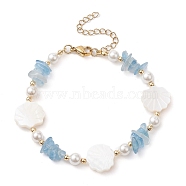 Natural Aquamarine Chips & Shell Pearl Beaded Bracelet, 7-3/4 inch(19.8cm)(BJEW-TA00461)
