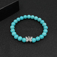 Synthetic Turquoise Stretch Bracelets for Women Men, with Tibetan Style Animals Alloy Beads, Butterfly, No Size(IS4293-2)