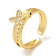 Rack Plating Brass Micro Pave Clear Cubic Zirconia Open Cuff Rings for Women, Butterfly, Real 18K Gold Plated, Inner Diameter: 17.6mm(RJEW-M162-02G)
