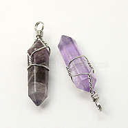 Natural Amethyst Double Terminated Pointed Pendants, with Brass Pendant Settings, Faceted, Bullet, Platinum Metal Color, 35~45x10~13mm, Hole: 3mm(X-G-J062-02P)
