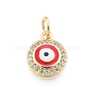Brass Micro Pave Clear Cubic Zirconia Charms, with Enamel and Jump Rings, Golden, Flat Round with Evil Eye, Red, 11x9.5x2mm, Hole: 3mm(KK-I691-02C)
