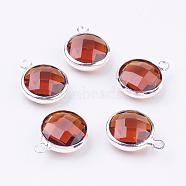 Silver Color Plated Brass Glass Flat Round Charms, Faceted, Chocolate, 12x8.5x3mm, Hole: 1.5mm(GLAA-M003-A-11S)