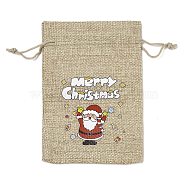 Christmas Printed Burlap Packing Pouches Drawstring Bags, Rectangle, Tan, Santa Claus, 14x10x0.01cm(ABAG-Q053-02A-07)