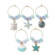Turtle/Starfish/Shell Alloy Enamel Wine Glass Charms, with Hoop Earrings Findings and Natural Jade/Malaysia Jade Bead, Mixed Shapes, 45~54mm, Inner Diameter: 23mm(AJEW-JO00200)