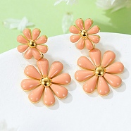 304 Stainless Steel Enamel Stud Earrings, Flower, Golden, Light Salmon, 31x18.1mm(EJEW-S226-01G-01)