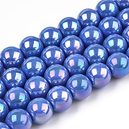 Electroplate Opaque Glass Beads Strands, AB Color Plated, Round, Royal Blue, 8~8.5mm, Hole: 1.5mm, about 51~53pcs/strand, 14.96 inch~15.55 inch(38~39.7cm)(GLAA-T032-P8mm-AB11)