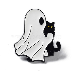 Ghost with Black Cat Alloy Enamel Brooch, Halloween Pins, White, 29x25x1.5mm(JEWB-E034-02EB-05)