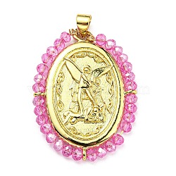 Brass with Glass Pendants, Cadmium Free & Lead Free, Real 18K Gold Plated, Oval with Angel Pattern, Fuchsia, 35x26x3mm, Hole: 3.5x4mm(KK-G472-05G-03)