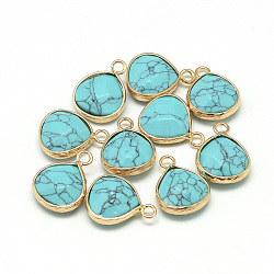 Synthetic Turquoise Pendants, with Nickel Free Brass Findings, Faceted, Dyed, teardrop, Golden, Turquoise, 17.5x13.5x6.5mm, Hole: 2mm(G-Q963-03)