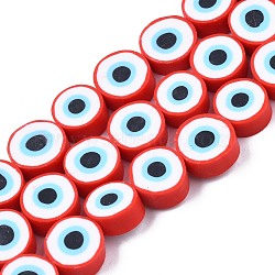 Handmade Polymer Clay Beads Strands, Flat Round with Evil Eye, Crimson, 8~11x4mm, Hole: 1.2mm, about 40pcs/strand, 13.98 inch~ 15.35inch(35.5cm~39cm)(CLAY-S096-041D)