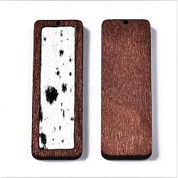 Eco-Friendly Cowhide Leather Big Pendants, with Dyed Wood, Rectangle with Leopard Print, Black, 56x19x3mm, Hole: 1.2mm(FIND-S301-30C-15)