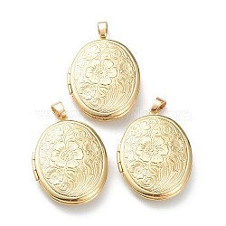 Brass Locket Pendants, Photo Frame Pendants for Necklaces, Long-Lasting Plated, Oval with Flower, Real 18K Gold Plated, 33.5x23.5x6mm, Hole: 4x3mm, 23x16mm Inner Diameter(KK-P199-09G)