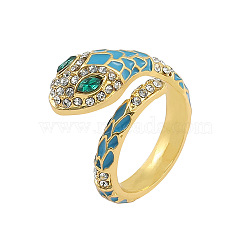 Snake Zinc Alloy Enamel & Rhinestone Cuff Rings for Women, Golden, Dark Turquoise, Inner Diameter: 18mm(FS-WGF9D9E-03)