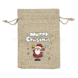 Christmas Printed Burlap Packing Pouches Drawstring Bags, Rectangle, Tan, Santa Claus, 14x10x0.01cm(ABAG-Q053-02A-07)