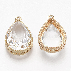 Faceted Glass Pendants, with Golden Tone Brass Open Back Settings, Teardrop, Clear, 23x15.5x6.5mm, Hole: 1.5mm(X-GLAA-T010-016F)